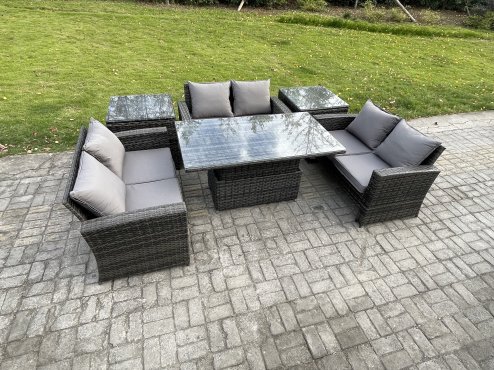 Fimous 6 pieces Outdoor Lounge Sofa Set Wicker PE Rattan Garden Furniture Set with Rising Lifting Table Double Seat Sofa 2 Side Tables Dark Grey Mixed