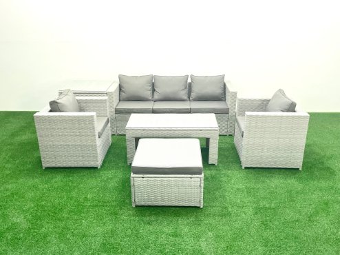 Fimous Rattan Garden Furniture Set 6 Pieces Outdoor Garden Sofa Oblong Coffee Table Set with 2 Chairs Side Tabe Stool Light Grey Mixed