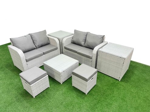 Fimous 6 Seater Outdoor Love Sofa Set Rattan Garden Furniture Set with Square Coffee Table 2 Small Stools 2 Side Tables Light Grey