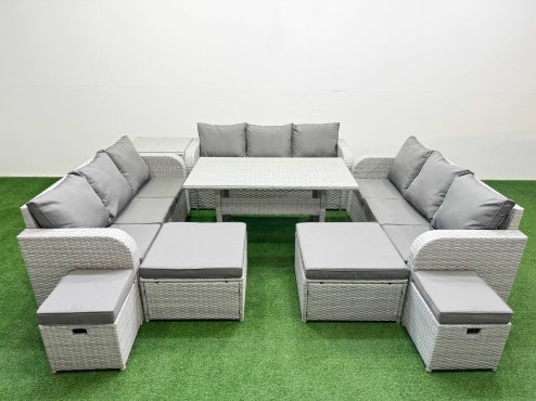 Fimous PE Rattan Lounge Sofa Set 10 Seater Outdoor Garden Furniture Set with Dining Table 3 Seater Sofa 2 Big Footstools Side Table Light Grey