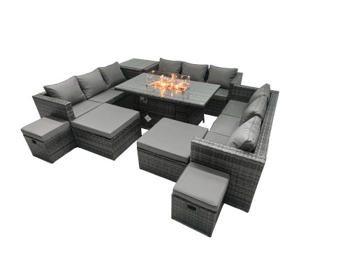 Fimous Rattan Garden Furniture Firepit Dining Set 13 Seater Lounge Sofa Firepit Dining Table Set with 4 Footstools Side Tables