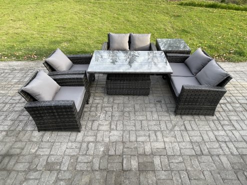 Fimous Rattan Garden Furniture Sets 6 Seater Patio Outdoor Rising Lifting Table Sofa Set with Double Seat Sofa Side Table Dark Grey Mixed