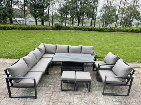 Fimous 8 Piece L-shaped Garden Furniture Set 9-Seater Aluminium Outdoor Dining Set with Adjustable Rising Lifting Dining Table 2 Chairs Dark Grey