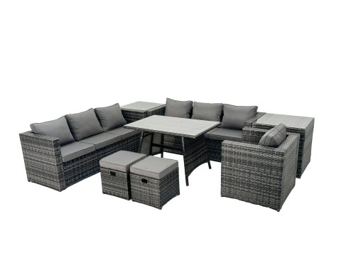 Fimous Rattan Dining Table Sofa Set with 2 Side Tables 2 Small Footstools Outdoor 9 Seat Garden Furniture Set Dark Grey Mixed