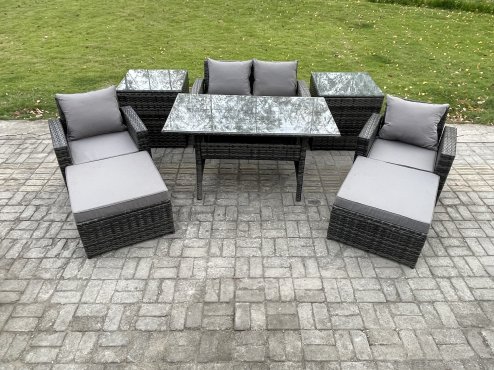 Fimous Outdoor Lounge Sofa Garden Furniture Set Rattan Rectangular Dining Table with Double Seat Sofa Armchair 2 Big Footstool 2 Side Tables 6 Seater Dark Grey Mixed