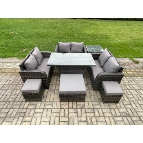 Fimous Rattan Garden Outdoor Furniture 3 PC Love Sofa Set Adjustable Rising lifting Dining Table With Side Table 3 Footstools