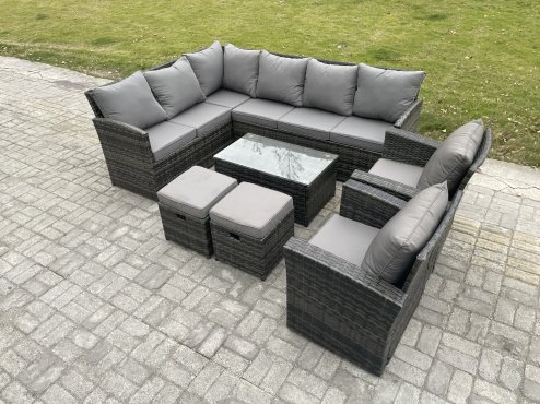 Fimous 10 Seater Rattan Lounge Corner Sofa Set Wicker PE Outdoor Garden Furniture Set with Coffee Table 2 Small Footstools 2 Armchair Dark Grey Mixed