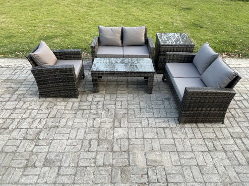 Fimous 5pcs Rattan Outdoor Garden Furniture Sofa Set with Coffee Table Side Table Dark Grey Mixed