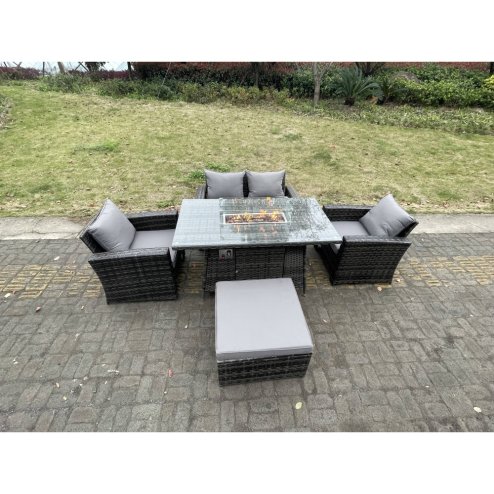 Fimous Rattan Outdoor Furniture Gas Fire Pit Rectangle Dining Table Gas Heater Chairs Two Seater Love Sofa Sets Big Footstools 5 Seater