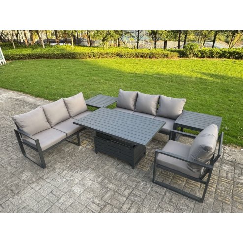 Fimous Aluminium Garden Furniture Sets,7 Seater Outdoor Sofa Dining Set with Adjustable Rising Lifting Dining Table Side Table Cushions for Yard,Poolside, Patio, Dark Grey