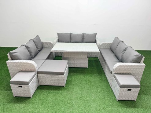 Fimous PE Rattan Lounge Sofa Set 12 Seater Outdoor Garden Furniture Set with Adjustable Lifting Dining or Coffee Table 3 Seater Sofa 3 Stools Light Grey