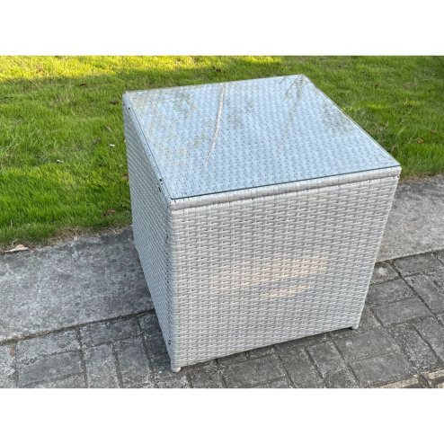 Fimous Light Grey Rattan Cube Side Table Tea Coffee Table Outdoor Garden Furniture Accessory With Clear Tempered Glass