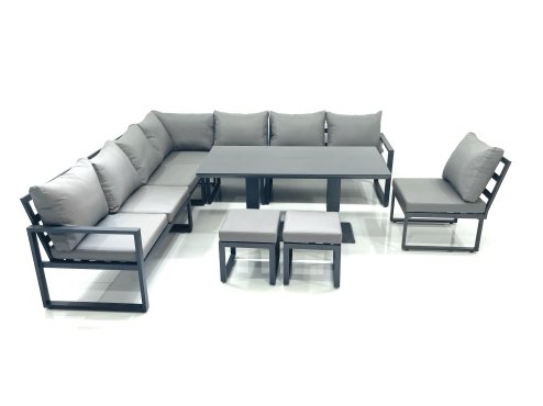 Fimous 10 Seater Outdoor Aluminum Garden Furniture Set Corner Sofa 2 Small Footstools Rising Lifting Dining Table Sets Dark Grey