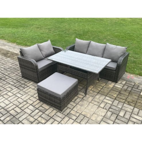 Fimous Outdoor Garden Patio Furniture Wicker Rattan Oblong Rectangular Dining Table and Lounge Sofa set with Big Footstool Dark Grey Mixed