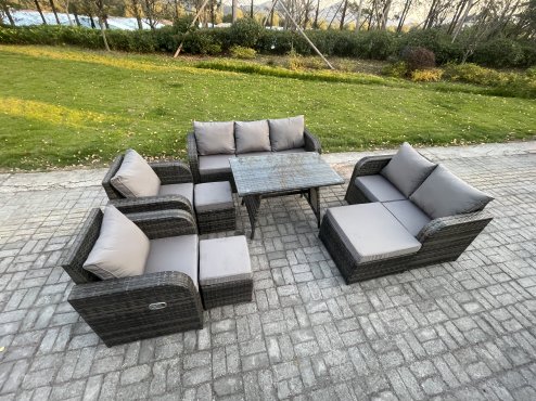 Fimous Outdoor Rattan Garden Furniture Set 10 Seater Patio Lounge Sofa Set with Dining Table 3 Footstools Dark Grey Mixed