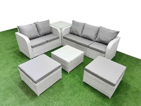 Fimous 7 Seater PE Rattan Wicker Garden Furniture Patio Conservatory Sofa Set with Square Coffee Table 3 Seater Sofa Love Sofa 2 Big Footstool Side Table Image