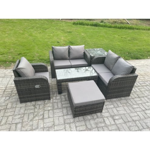 Fimous 6 PCS Garden Furniture set Rattan Outdoor Lounge Sofa Table Chair With Tempered Glass Table Dark Grey Mixed