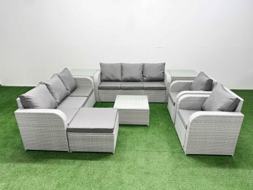 Fimous PE Rattan High Back Lounge Sofa Set Patio Square Coffee Table & Chairs Set with 3 Seater Sofa Reclining Chair Big Footstool 2 Side Table Light Grey Image