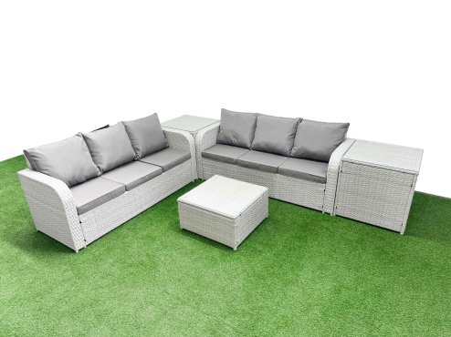 Fimous Outdoor Garden Furniture Sets 6 Seater Wicker Rattan Furniture Sofa Sets with Square Coffee Table high Back Lounge Sofa 2 Side Table Light Grey