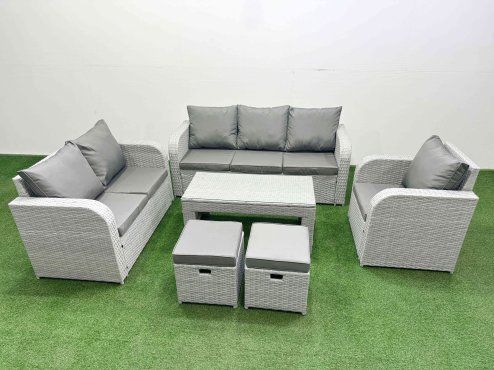 Fimous Patio PE Wicker 8 Seater Outdoor Rattan Furniture Sofa Sets with Oblong Coffee Table Reclining Chair Loveseat Sofa 3 Seater Sofa Stool Light Grey
