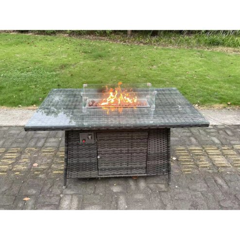 Fimous Outdoor Rattan Garden Furniture Sofa Set Gas Fire Pit Dining Table Gas Heater Burner With Armchair Big Footstool 8 Seater Dark Grey Mixed