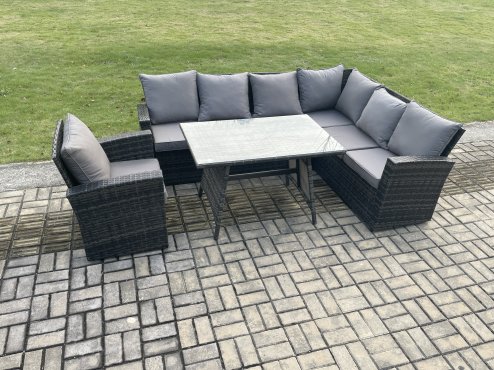 Fimous Outdoor Furniture Garden Dining Set Rattan Corner Sofa Chair Set Rectangular Dining Table with Temper Glass Dark Grey Mixed