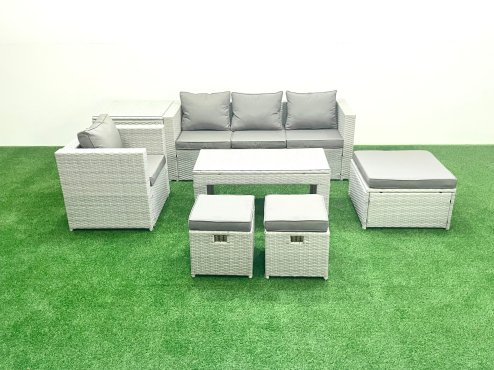 Fimous Rattan Garden Furniture Set Outdoor Lounger Sofa with Coffee Table 3 Footstools Side Table Light Grey Mixed