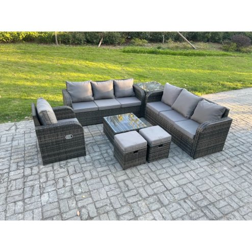 Fimous Outdoor Rattan Garden Furniture Set Conservatory Patio Sofa Coffee Table With Reclining Chair Side Table 2 Small Footstools Dark Grey Mixed