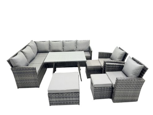Fimous 11 Seat Poly Rattan Outdoor Patio Oblong Dining Table Corner Sofa Set with 3 Stool 2 Chairs for Garden Backyard Dark Grey Mixed