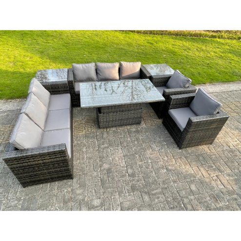 Fimous 8 Seater?Outdoor Rattan Garden Furniture Adjustable Rising Lifting Table Armchairs Dark Grey Mixed