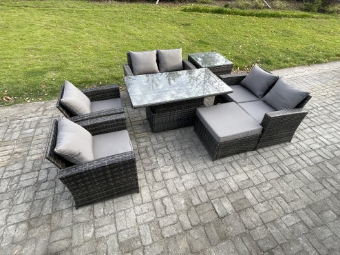 Fimous Rattan Garden Furniture Sets 7 Seater Patio Outdoor Rising Lifting Table Sofa Set with Double Seat Sofa Side Table Big Footstool Dark Grey Mixed