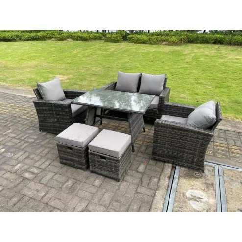 Fimous 6 Seater Outdoor Dark Grey Mixed High Back Rattan Sofa Dining Table Set Garden Furniture 2 Stools