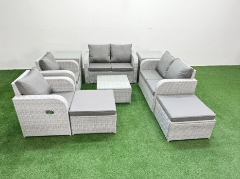 Fimous 8 Seater Outdoor Reclining Chair Love Sofa Set Rattan Garden Furniture Set with Square Coffee Table 2 Big FootStools 2 Side Table Light Grey Image
