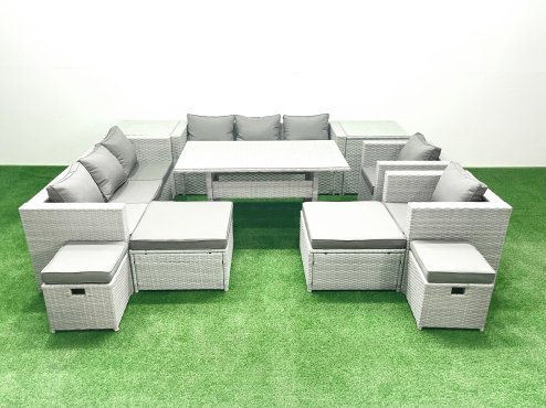 Fimous Rattan Garden Furniture Dining Set 12 Seater Lounge Sofa Chair Dining Table Set with 4 Footstools 2 Side Tables Light Grey Mixed