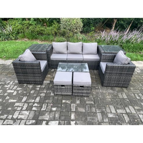 Fimous Outdoor Rattan Garden Furniture Set with 3 Seater Sofa Coffee Table 2 Side Tables 2 Armchairs 2 Small Footstool Patio Lounge Sofa Set Dark Grey Mixed