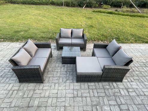 Fimous 7 Seater Rattan Wicker Garden Furniture Patio Conservatory Sofa Set with Square Coffee Table Double Seat Sofa Big Footstool