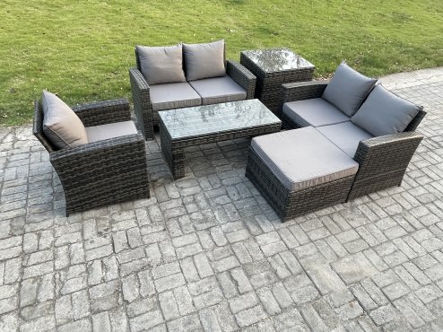 Fimous 6pcs Rattan Outdoor Garden Furniture Sofa Set with Coffee Table Big Footstool Side Table Dark Grey Mixed