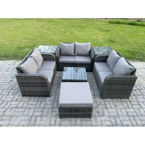 Fimous Outdoor Garden Furniture Sets 7 Seater Wicker Rattan Furniture Sofa Sets with Square Coffee Table Love seat Sofa Big Footstool 2 Side Tables