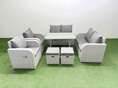 Fimous 8 Seater Rattan Garden Furniture Set Outdoor Love Sofa Set with Rectangular Dining Table 2 Small Footstools Light Grey
