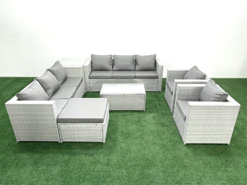 Fimous Outdoor Rattan Sofa Garden Furniture Set with 2 Armchairs Oblong Coffee Table Big Footstool Side Table Light Grey Mixed