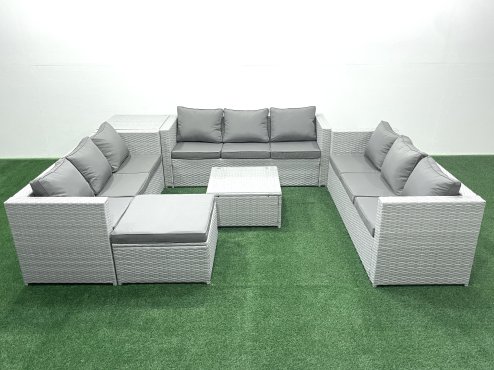Fimous Rattan Garden Outdoor Furniture Set 10 Seater Rattan Garden Sofa Set with Big Footstool Side Table Light Grey Mixed