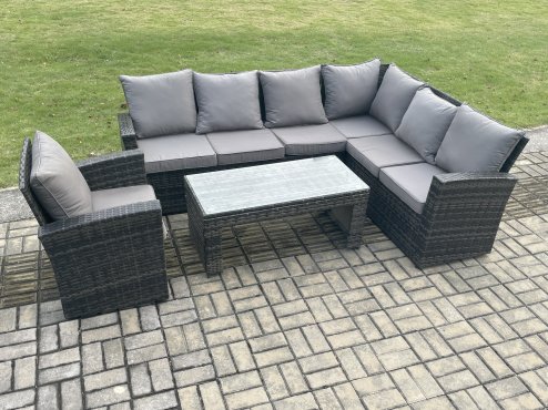 Fimous 7 Seat Rattan Garden Furniture Corner Sofa Set Outdoor Patio Sofa Chair Table Set with Cushions Dark Grey Mixed