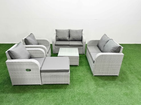 Fimous 7 Seater Outdoor Reclining Chair Love Sofa Set Rattan Garden Furniture Set with Square Coffee Table Footstool Light Grey