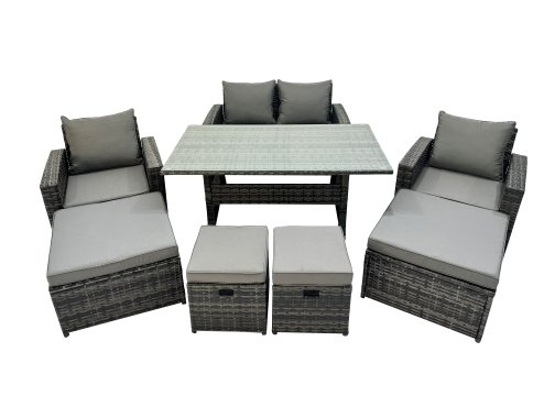 Fimous 8 Seater Wicker PE Rattan Furniture Outdoor Dining Table Double Seat Sofa 4 Stools Set Dark Grey Mixed