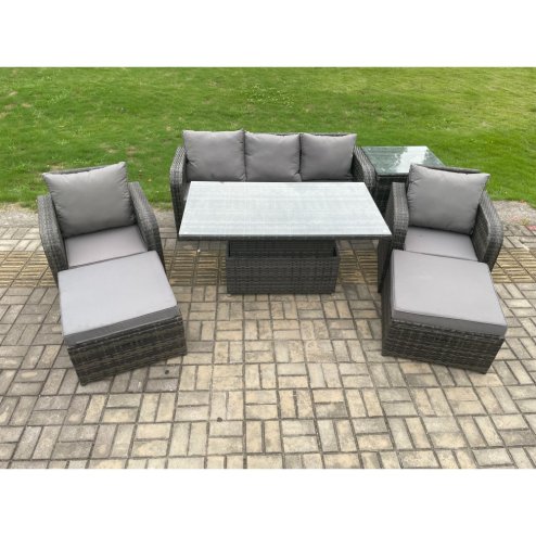 Fimous Outdoor Rattan Furniture Garden Dining Sets Height Adjustable Rising lifting Table Sofa Set With Chairs Side Tables 2 Big Footstools