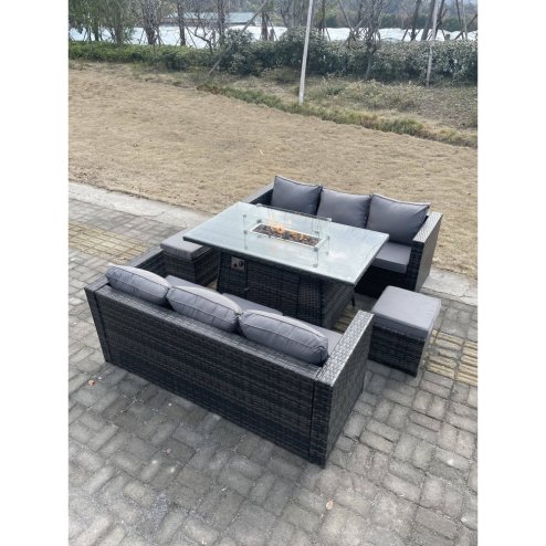 Fimous 8 Seater?Outdoor Rattan Sofa Set Garden Furniture Gas Firepit Set Heater Dining Table Footstools Dark Grey Mixed