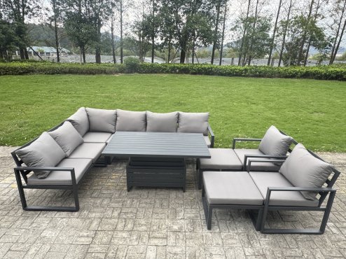 Fimous Aluminium Garden Furniture Sets,9 Seater Outdoor Conversational Dining Set with Adjustable Rising Lifting Dining Table,2 Big Footstools Dark Grey