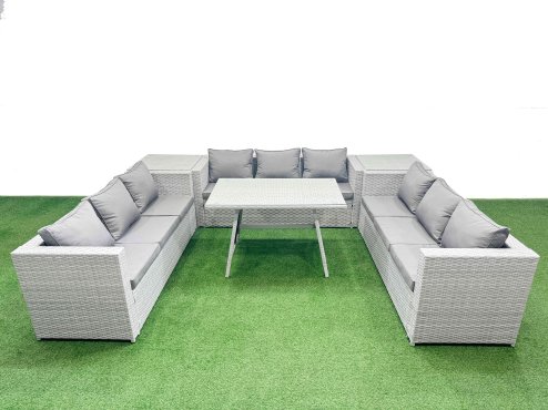 Fimous 9 Seat Outdoor Patio PE Rattan Garden Furniture with Cushions 3 Seater Sofa 2 Side Tables Light Grey