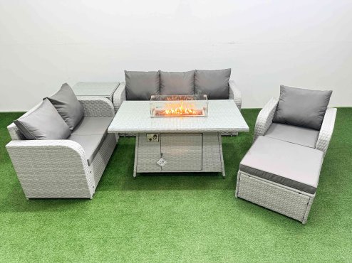 Fimous Patio PE Wicker 7 Seater Outdoor Rattan Furniture Sofa Sets with Firepit Dining Table Reclining Chair Loveseat Sofa 3 Seater Sofa Big Footstool Side Table Light Grey