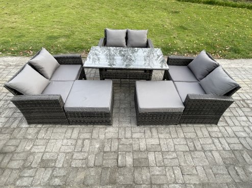 Fimous High Back Outdoor Garden Furniture Rattan Sofa Dining Table Set with 2 Big Footstool Dark Grey Mixed
